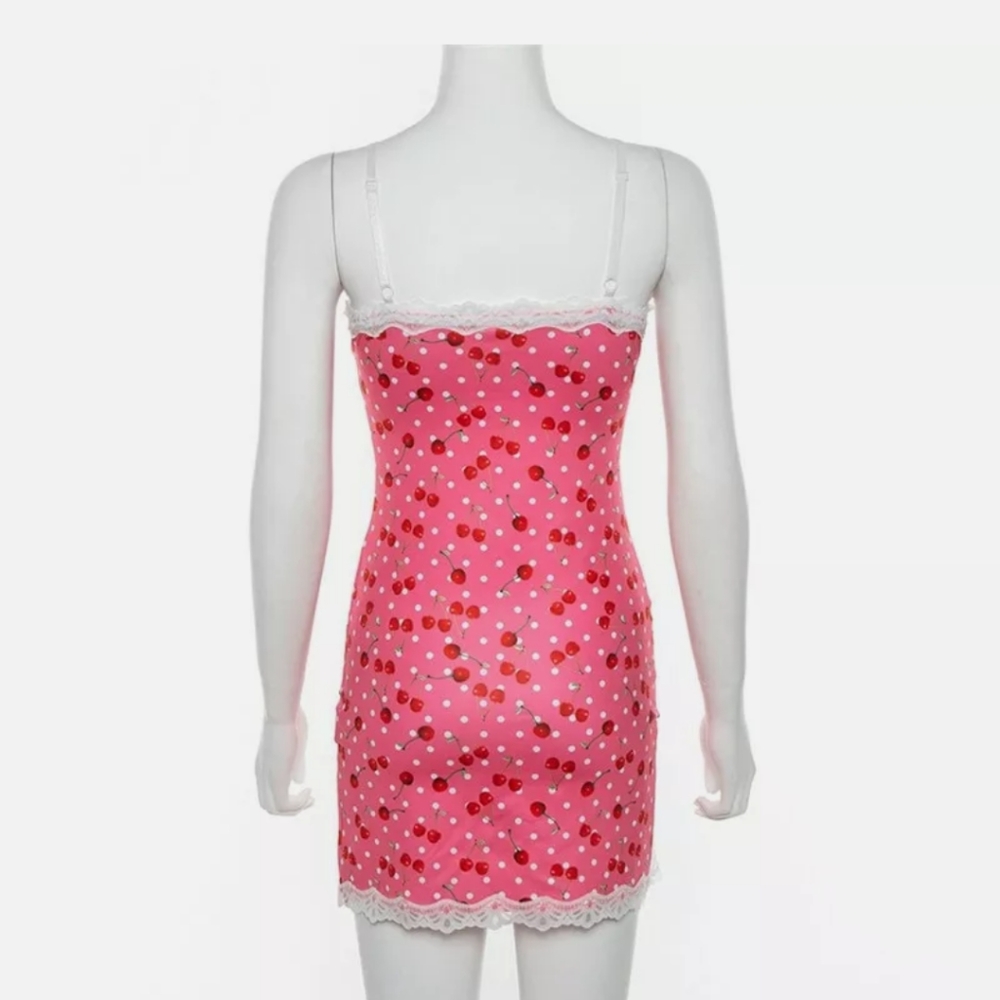 🍒 Pink Cherry & White Polka Dot Dress W/Lace (L) - Picture 5 of 10